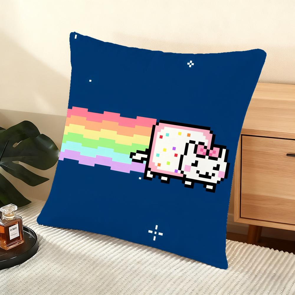 Cartoon Game N-Nyan-C-Cat Cushion Cover Soft Short Plush Pillow Cover Smooth Cozy Texture Aesthetic Cushion Case Home Decor