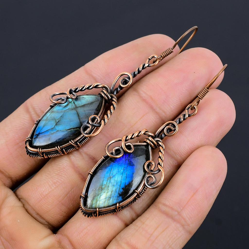 Labradorite 999 Copper Wire Wrapped Earrings, Handmade Gemstone Earrings Jewelry, Gifts For Wife Brand New Earrings