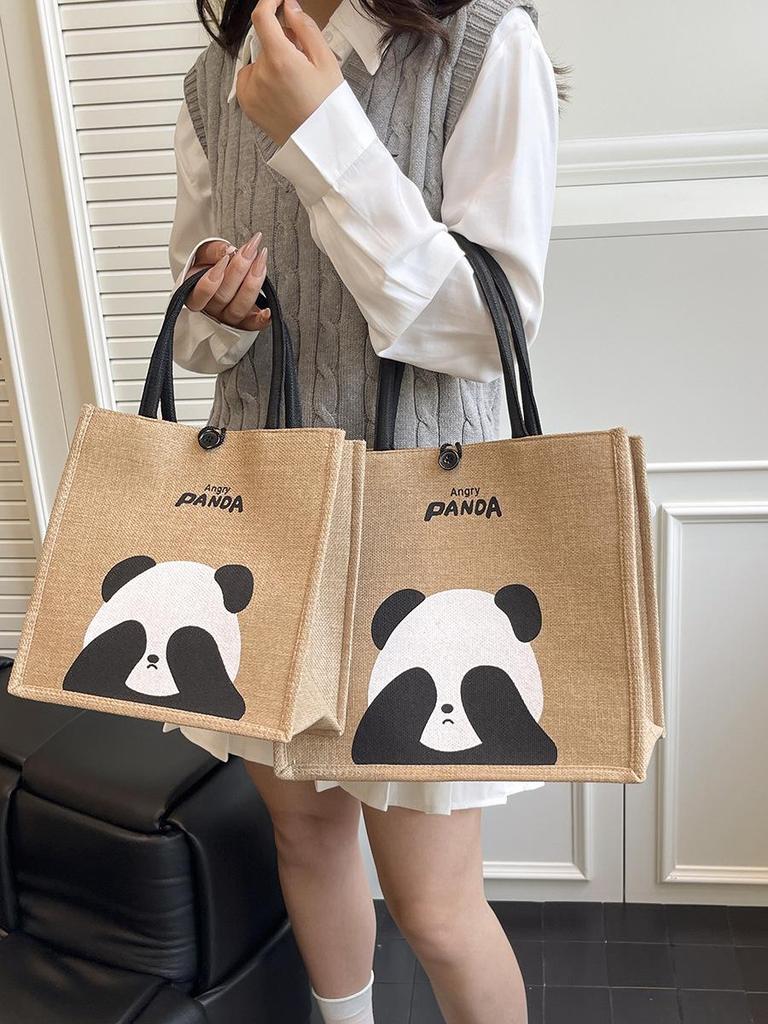 Portable Large-Capacity Panda Tote Bag - Retro Linen Shopping & Travel Shoulder Bag