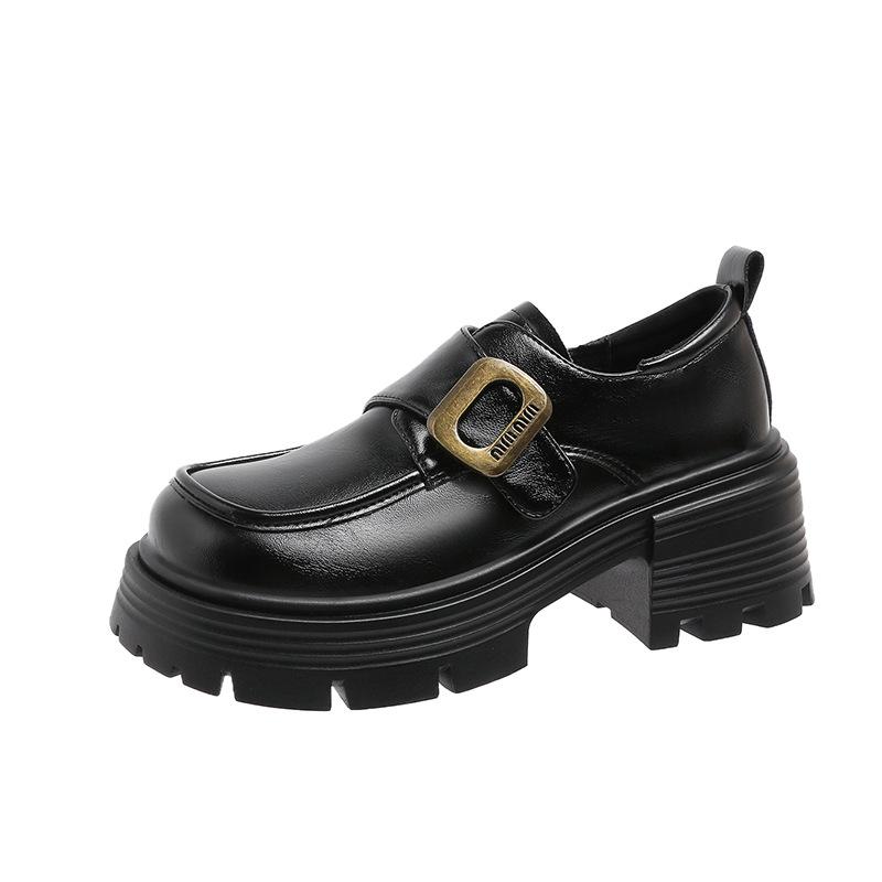 Niche British Small Leather Shoes Women's 2025 Spring New Retro Thick Heel Belt Buckle Loafers Heightening Fashion Single Shoes