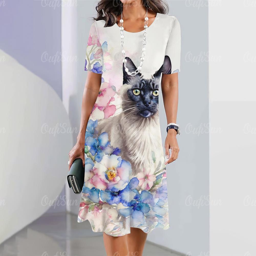 

Нові жіночі сукні з мультяшним принтом кота, літні, елегантні, з коротким рукавом, модний одяг великого розміру L