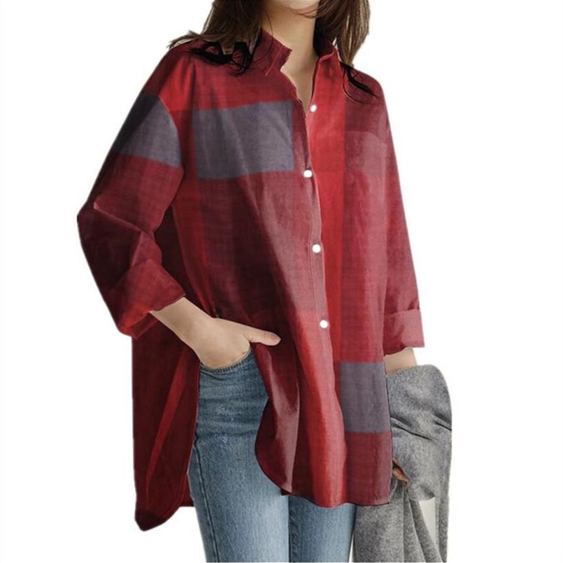 Camicia da Donna Autunnale con Collo a Lapel Semplice Patchwork a Quadri Irregolari
