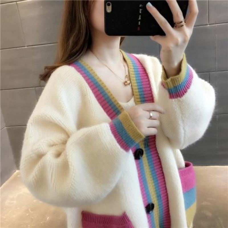 Cardigan Women Female 2023 Spring and Autumn V Neck Long Sleeve Korean Version Loose Color Block Sweater Knit Cardigan Female