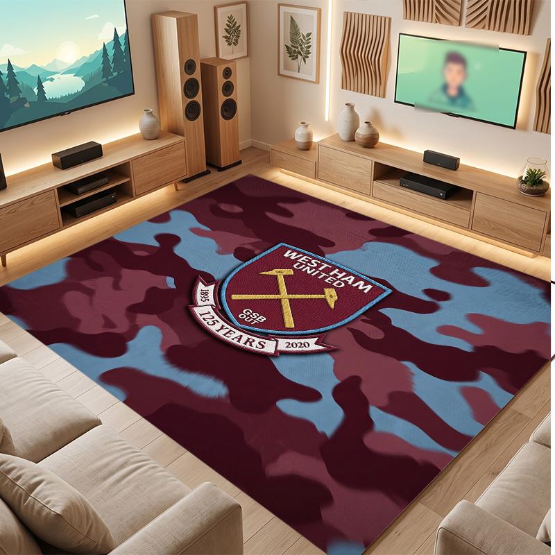 West Ham United Football Print Crystal Velvet Rug, Comfortable Water Absorbent Non Slip Indoor Floor Carpet