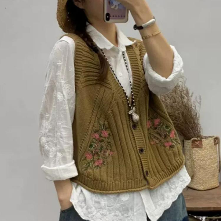 Damski luźny casualowy dzianinowy sweterek bez rękawów z dekoltem V wiosenny haft styl artystyczny revival styl starożytny