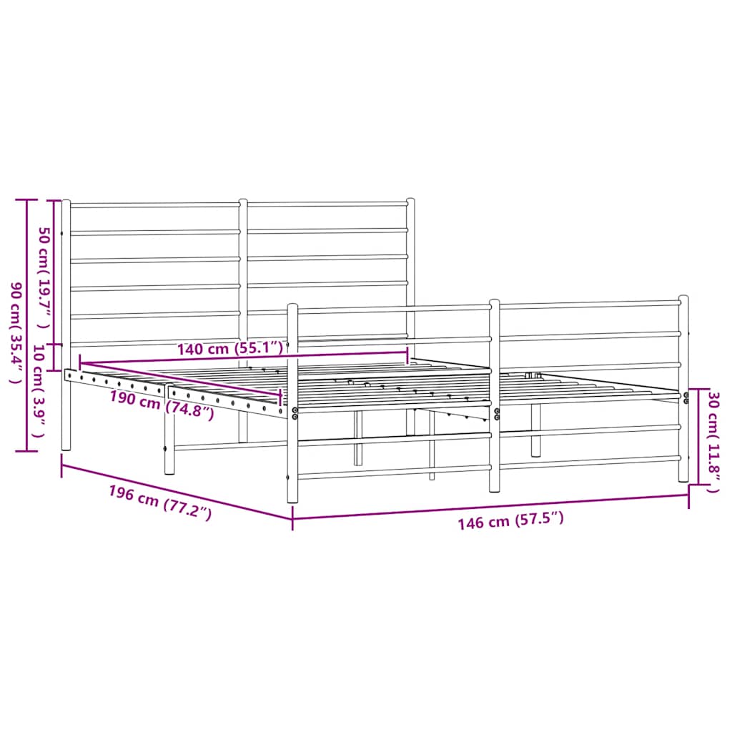 Metal Bed Frame with Headboard and Footboard Black 140x190 Cm