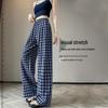 Hodo Yishe Women's Blue Plaid High-Waist Wide-Leg Pants