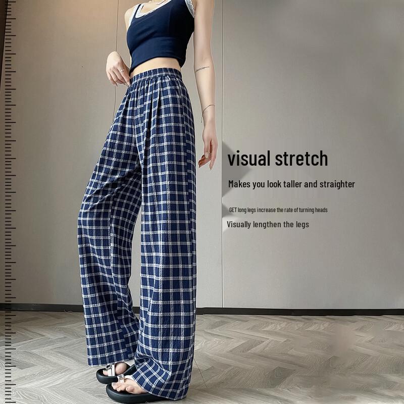 Hodo Yishe Women s Blue Plaid High-Waist Wide-Leg Pants M