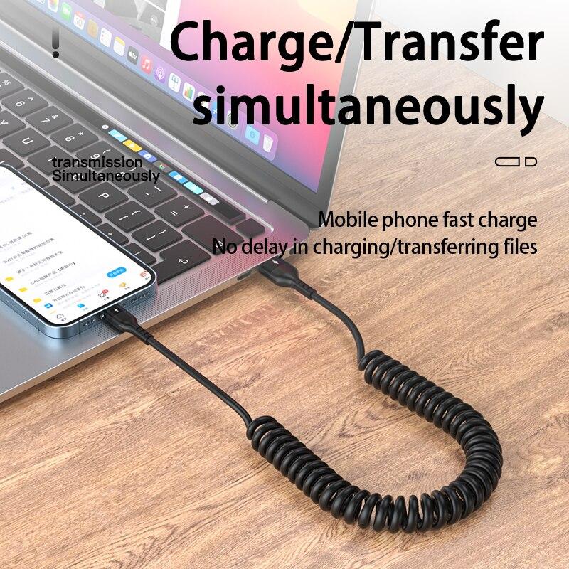 66W 5A Retractable Spring Usb A To Type C High Speed Charging Cable Fast Charging Type C For Samsung Xiaomi Huawei Charger Cable
