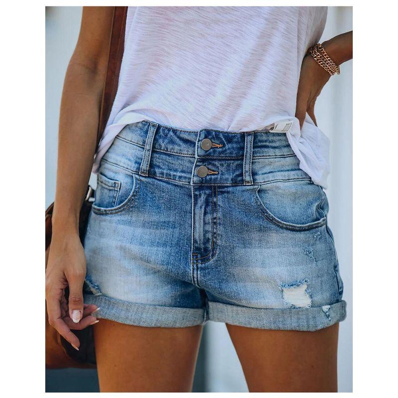 

Европейские и американские джинсовые шорты с высокой талией, с эластичной резинкой и необработанным краем Light Blue 2XL