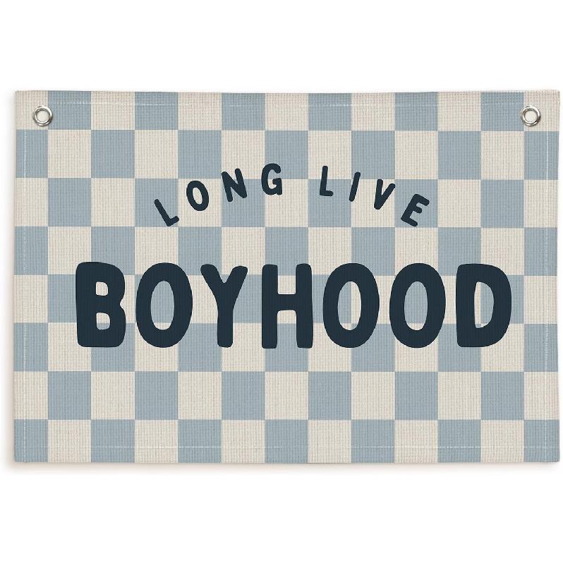Lacama Vintage Blue Long Live Boyhood Boys Room Decor, Boy Nursery Decor, Linen Banner Wall Hanging Canvas Banner Flag Decor for Toddler Boy Room