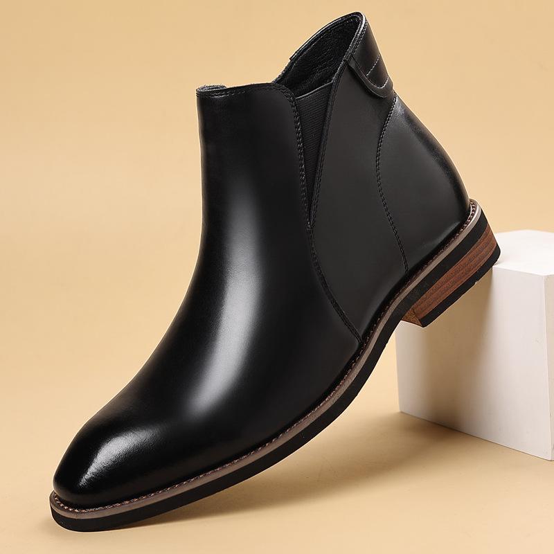Chelsea Boots Men s Side Zipper High Top Leather Shoes British Style Fashion Men s Boots Fleece Warm Leather Boots Large Size 37 чёрный