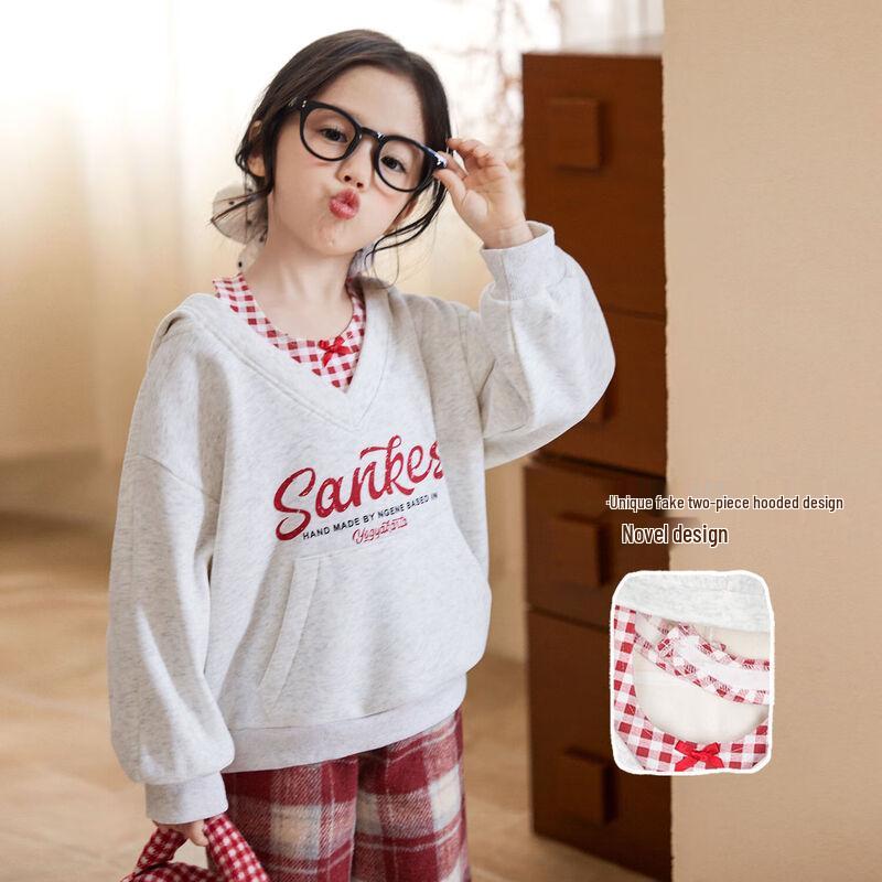 LUSON Okids Girls  Faux 2-Piece Hooded Sweatshirt 130