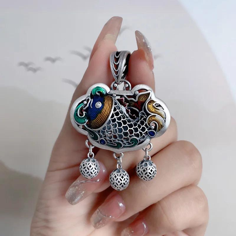 New In Classic   Carp Fish Lotus Tassel Necklace For Women Ethnic Style Blue Lotus Double Sided Pendant Jewelry Gift