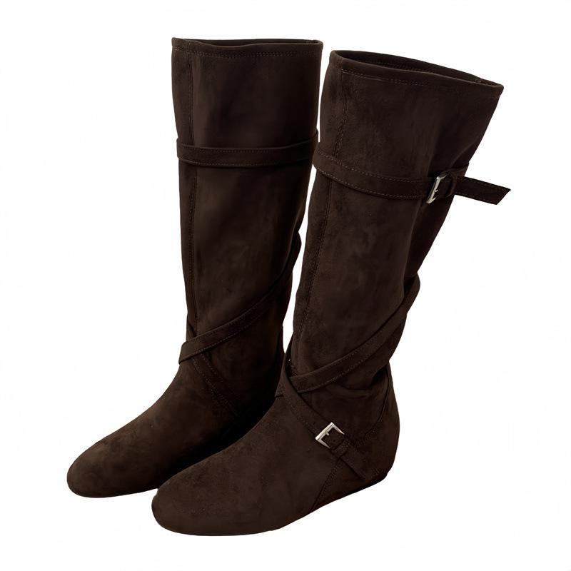 Stacking boots retro matte suede inner heightening cross belt buckle boots comfortable western cowboy high boots