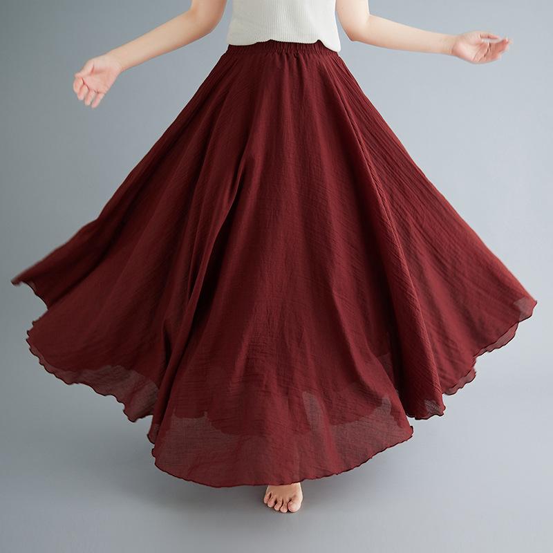 Literary Elastic Waist A-line Expansion Skirt Solid Color Ethnic Style Women Long Skirts