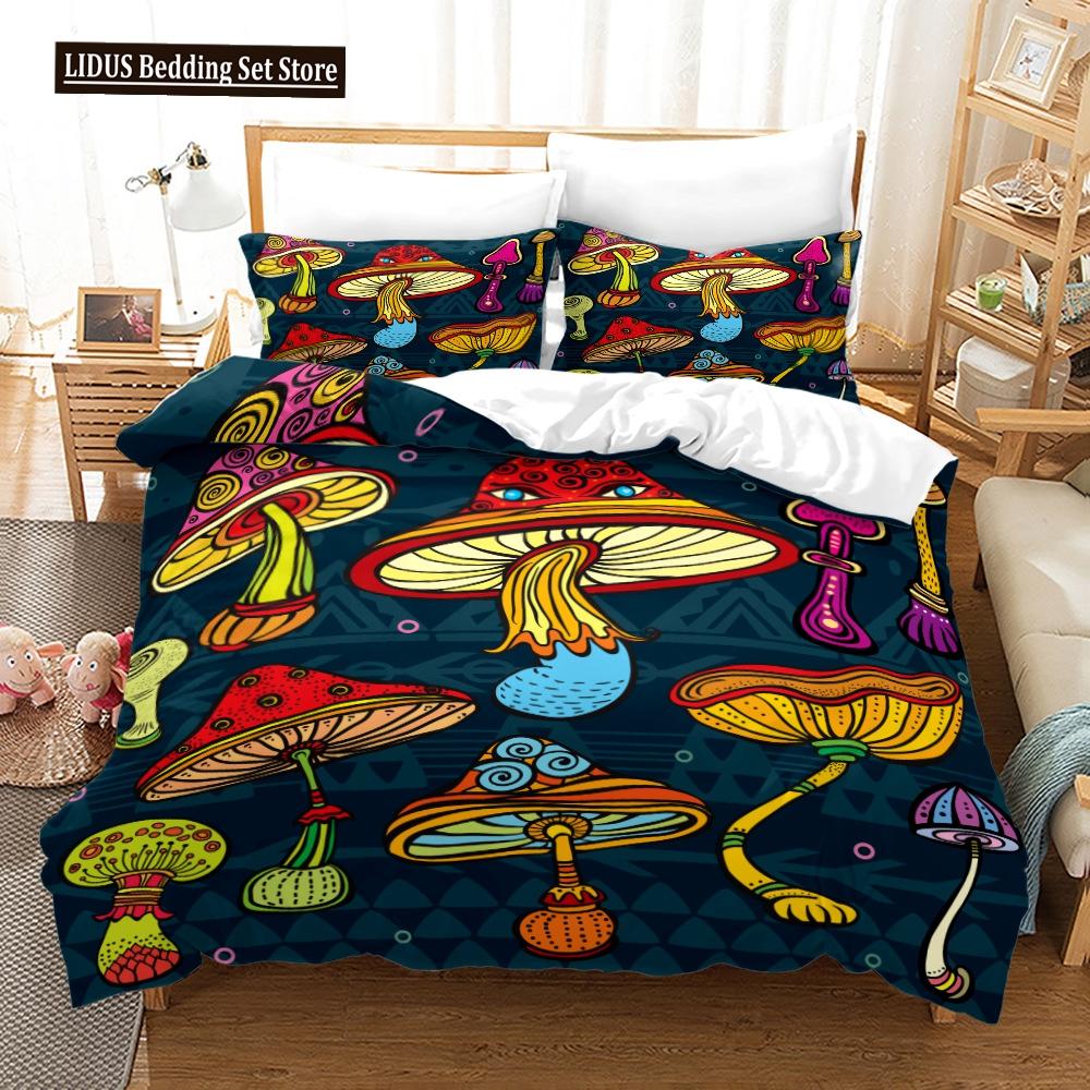 Mushroom Duvet Cover Set King Queen Size Star Purple Blue Trippy Mushroom Pattern Cartoon Polyester Bedding Set For Kid Boy Girl
