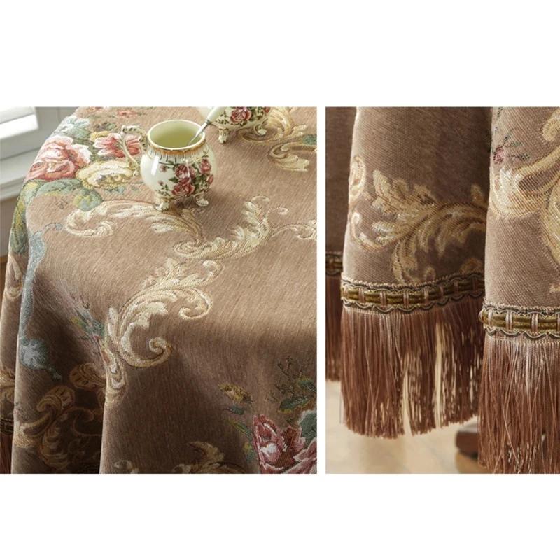 European Luxury Round Tablecloths Rose Jacquard Dining Table Cloth Tassels Retro Chenille Table Cover Wedding Party Events Home