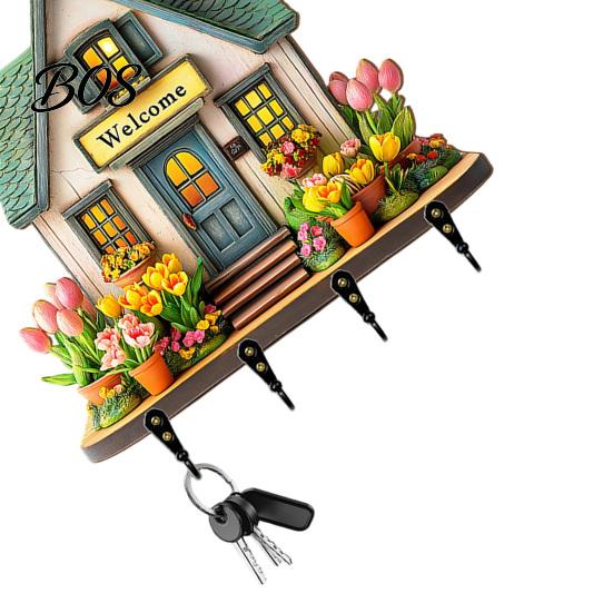 Durable Key Hook Wooden Fairy House Hanging Sign, Cottage Holder Wall Decor with 4 Entryway Storage Hooks, Vintage Flower Rack for Hallway Kitchen
