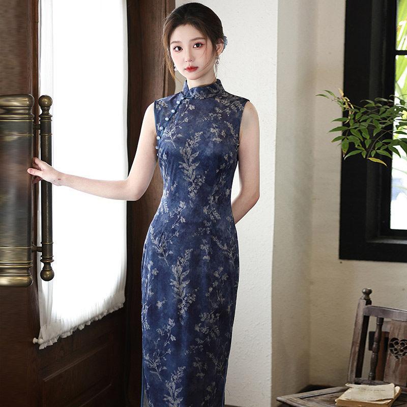 Blue sleeveless national style new Chinese daily Suzhou long cheongsam improved young 1011 new women's high sense