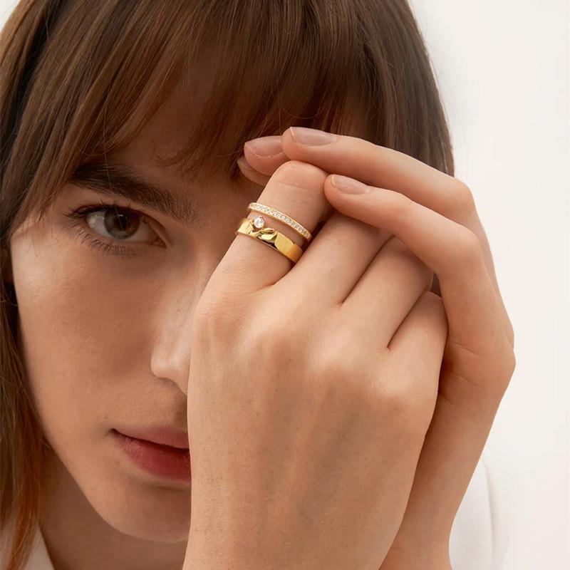 Double-Layer Hollow Micro-Set Diamond Copper Plated 18K Real Gold Ring, Fashionable Commuter Must Enter, Simple Temperament Unique Ring