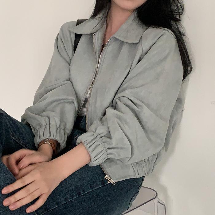 Korean Chic Autumn French Retro Lapel Zipper Suede Loose Versatile Long-sleeved Short Jacket