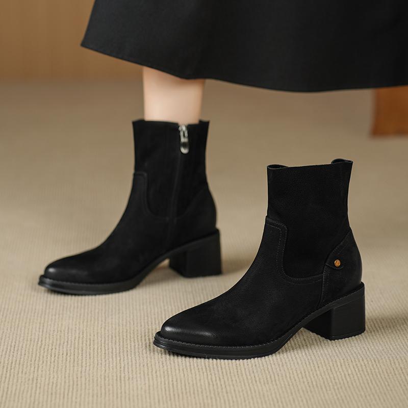 Fashion 2025 Autumn Women Boots Pointed Toe Chunky Heel Genuine Leather Women Shoes Short Modern Boots Winter High Heel Mid-calf Boots