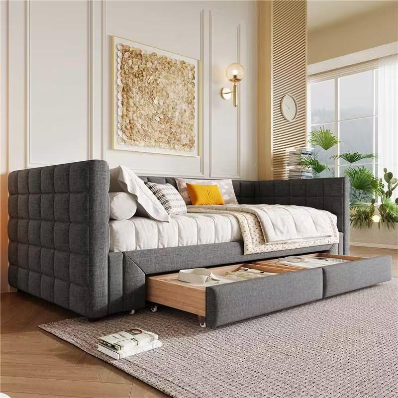 Cama de día, Cama de día, 90 x 200 cm, Sofá cama con respaldo cuadrado, Cama extraíble (Extensible a 180 Tamaño Queen), 2 Cajones, sin Colchón, Gris