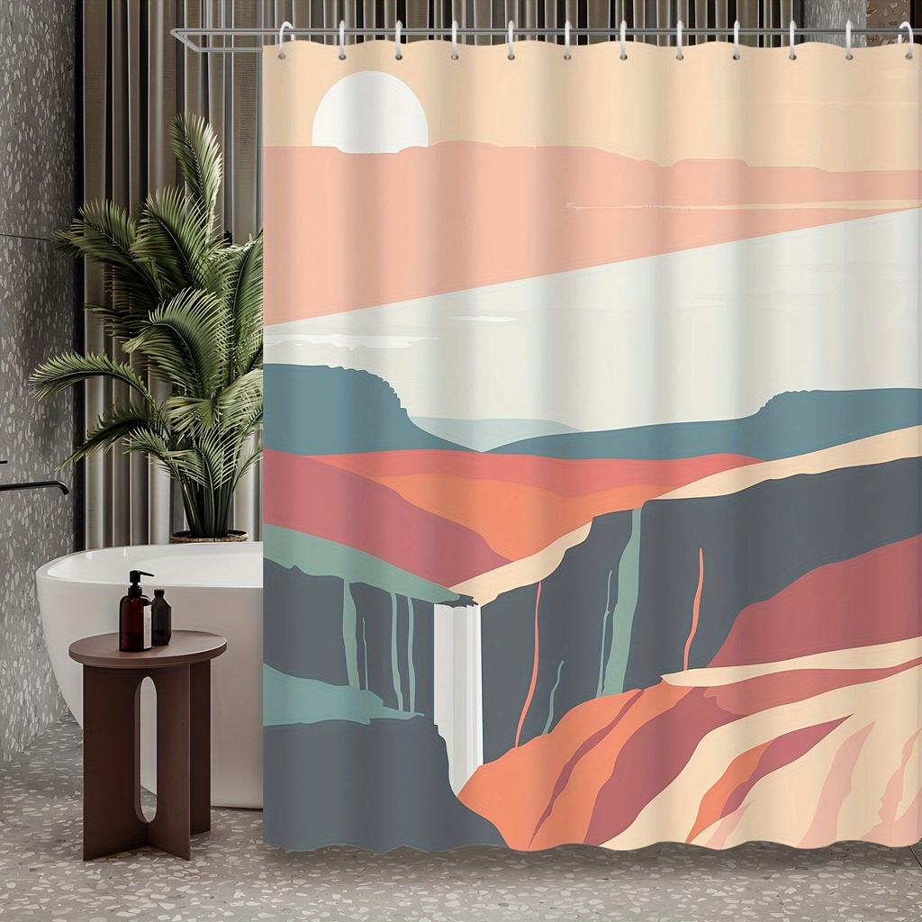 1 piece simple modern abstract line landscape shower curtain, bathroom decoration, including shower curtain and belt hook