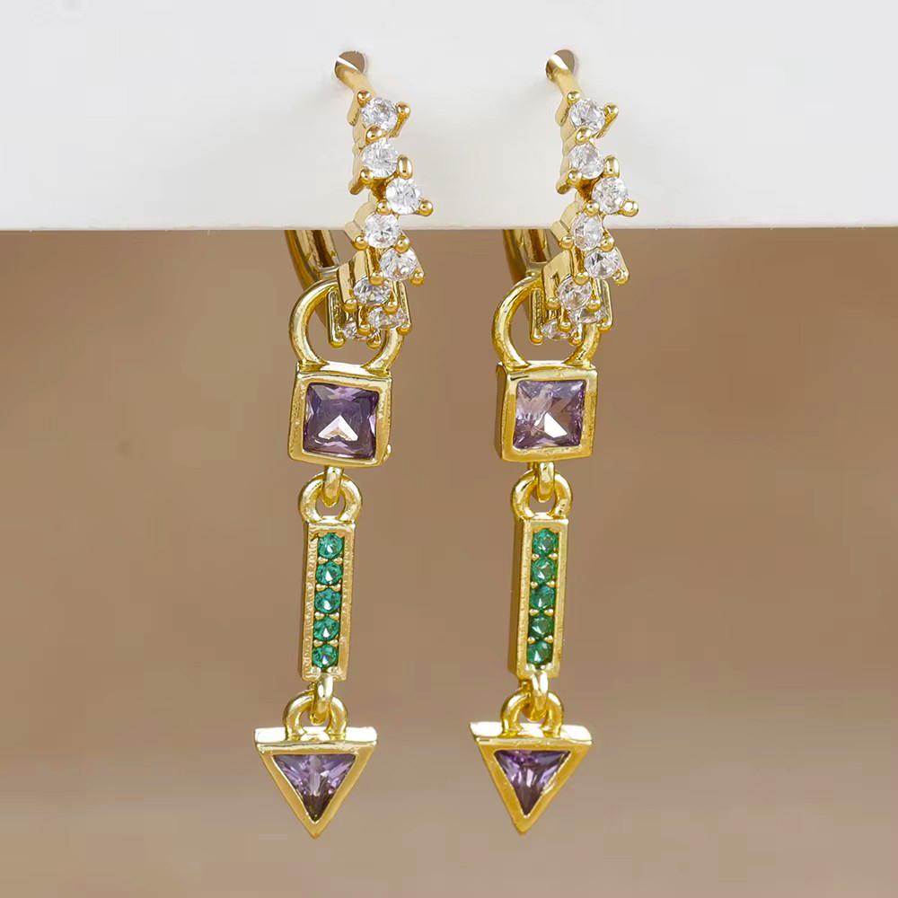 2PCS Stainless Steel Multicolor Zircon Geometry Drop Earrings For Women Fashion Creative Charm Dangle Earring Piercing Jewelry