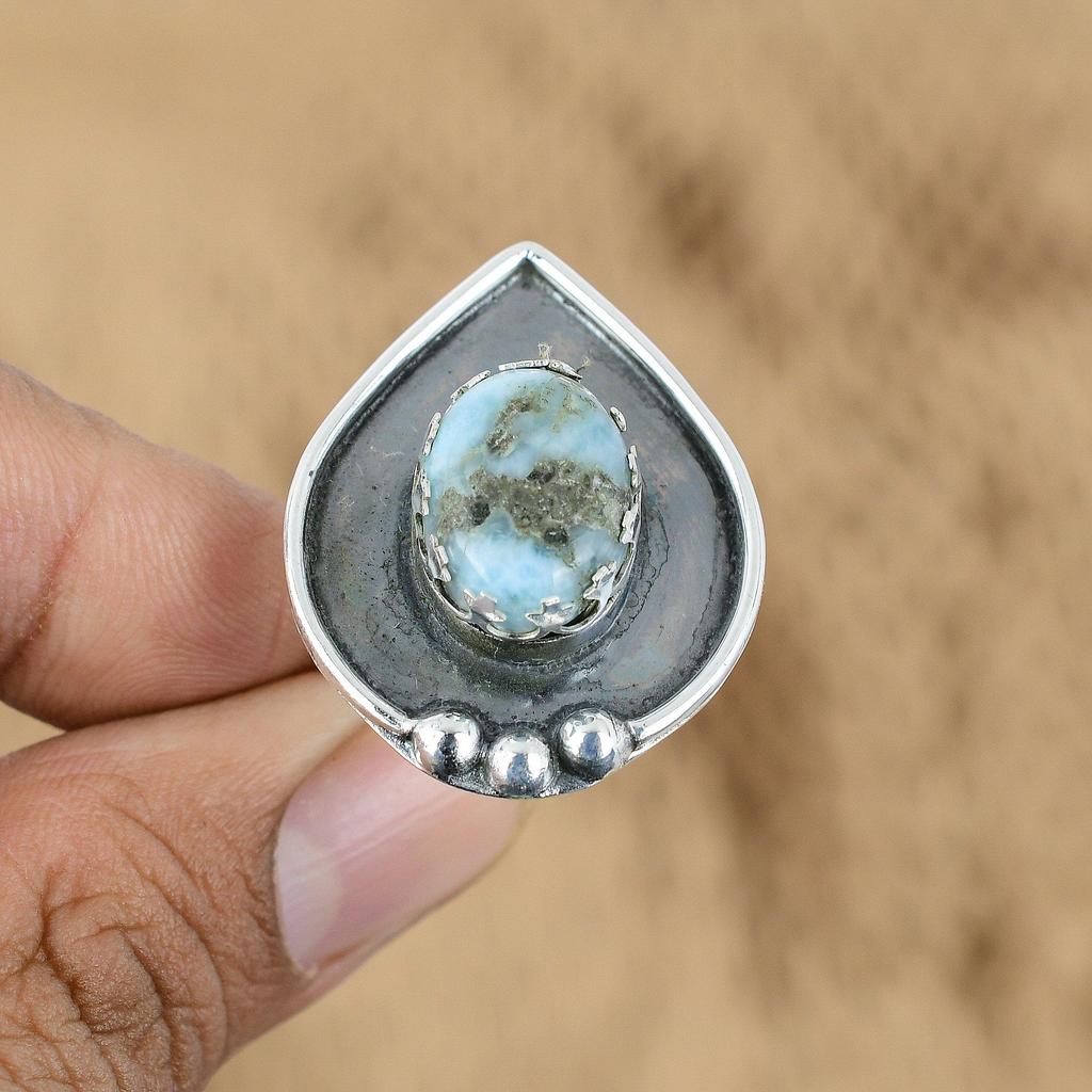 Natural Larimar Gemstone 925 Silver Multi Stone Adjustable Ring For Girls