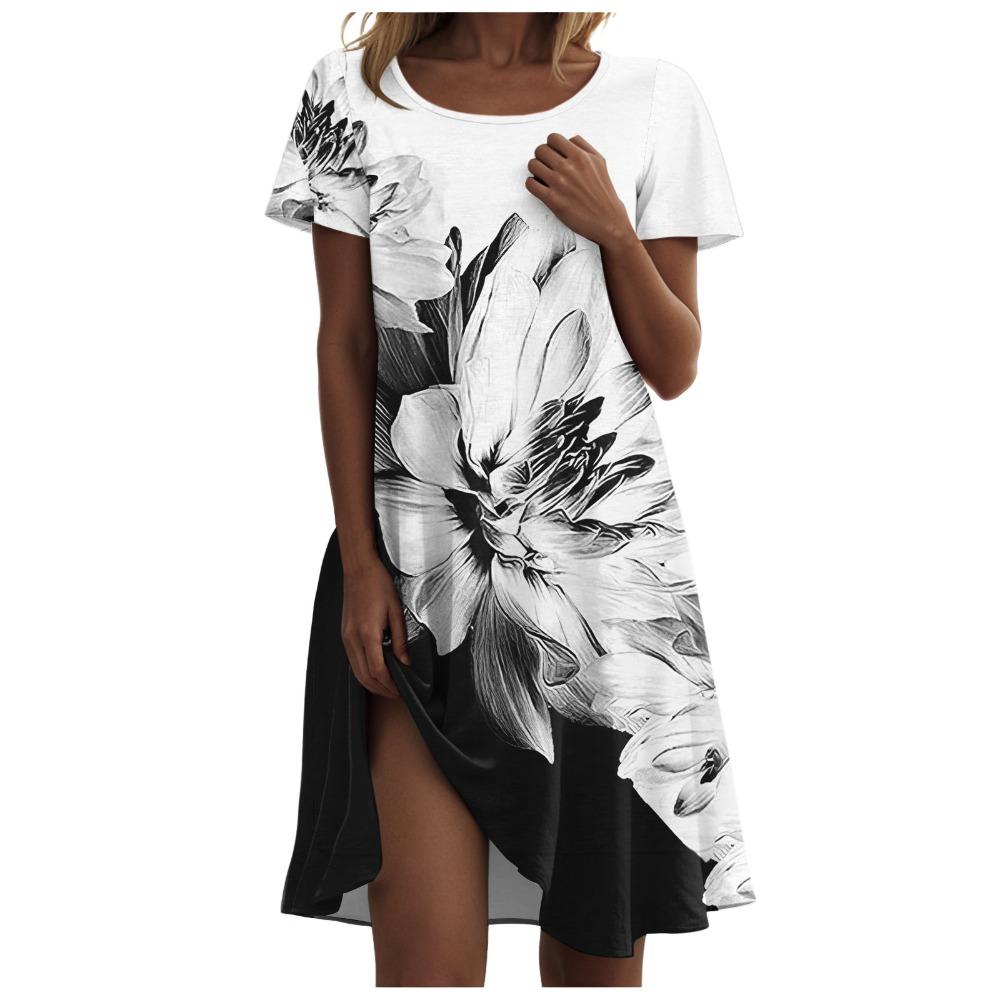

Women s Casual Loose Summer Dresses Fashion Floral Print Short Sleeve O Neck A Line Dresses Women Holiday Beach Party Sundresses S