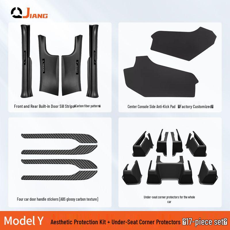 Carbon Fiber Rear Door Sill Strips & Under-Seat Corner Protectors for Tesla Model 3/Y