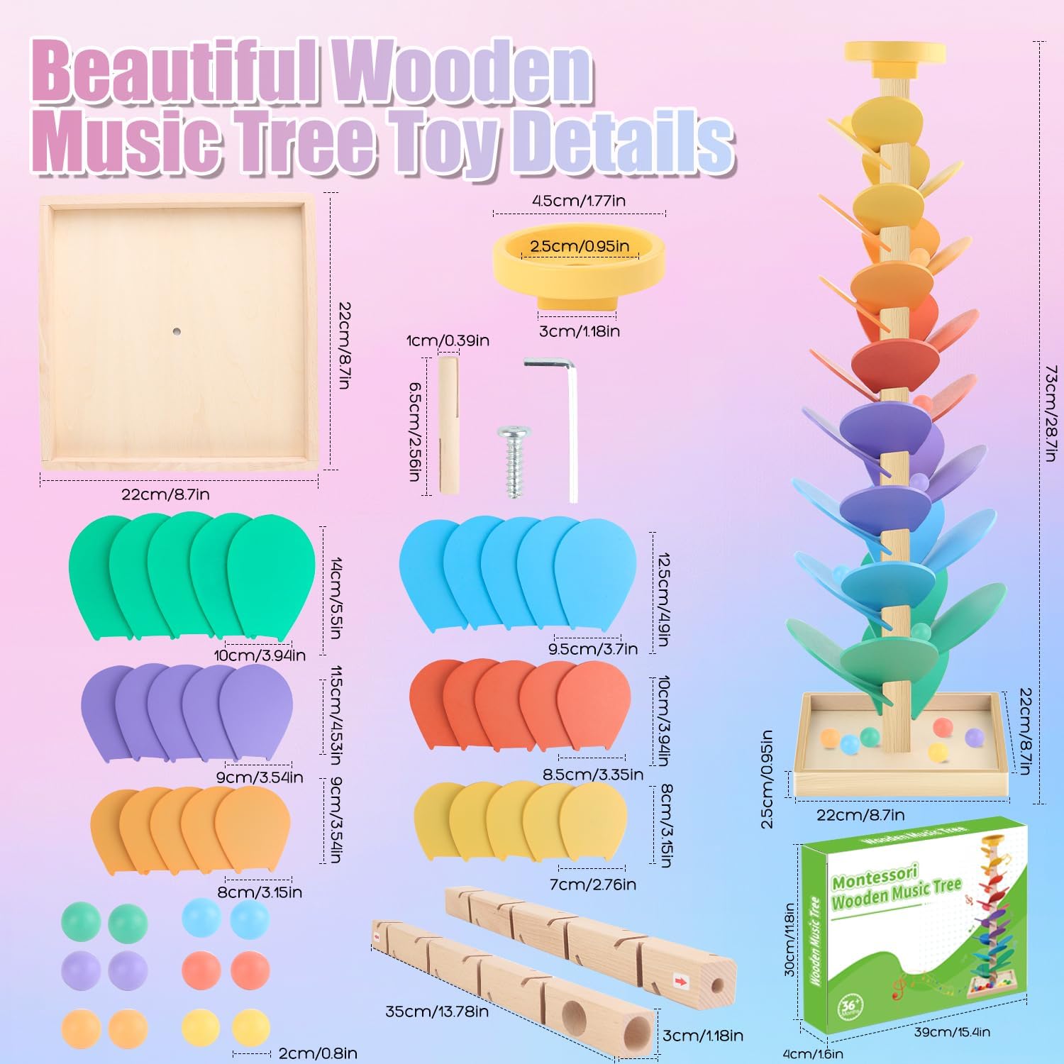 49PCS Wooden Marble Run Music Tree Montessori Toy Set, Color Sorting Marble Ball Run Learning Game for Kids, Birthday Gift Girls разноцветный