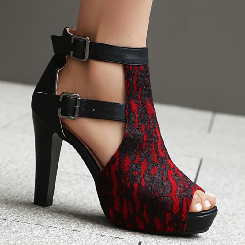 Peep Toe Women's Sandals Summer Shoes 2025 Buckle Cut-outs Black Lace High Heels Gladiator Party Dance Shoes Large Size