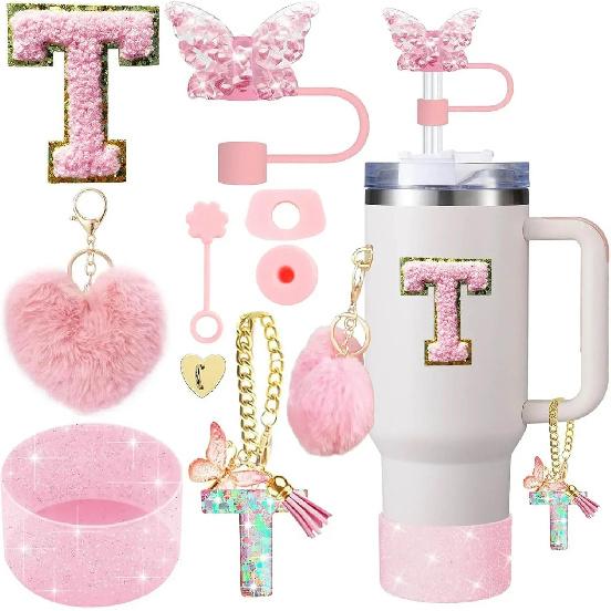 9PCS Accessory Set for Stanley Cup 30oz 40oz Butterfly Straw Cover Cap Silicone Boot Charm Initials Sticker Spill Proof Stopper Cup Holders 5