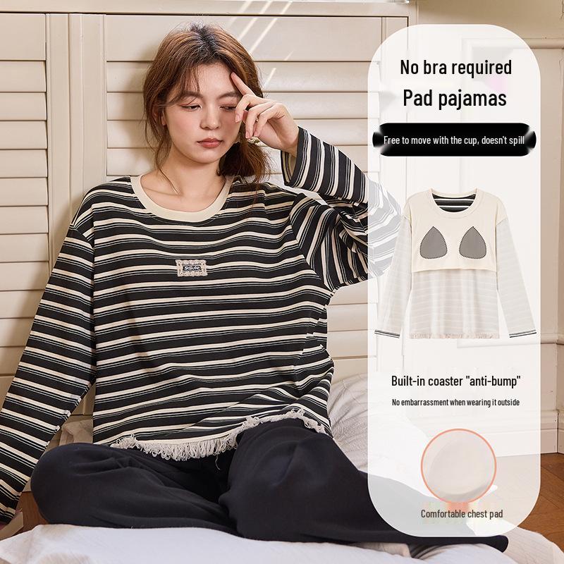 Women's Long-Sleeve Sweet Cartoon Homewear Set with Built-in Bra Pads - Spring/Autumn Cotton