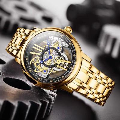 Nicht vollautomatische mechanische Uhr Herren doppelseitige hohle Mode Business Stahlbanduhr