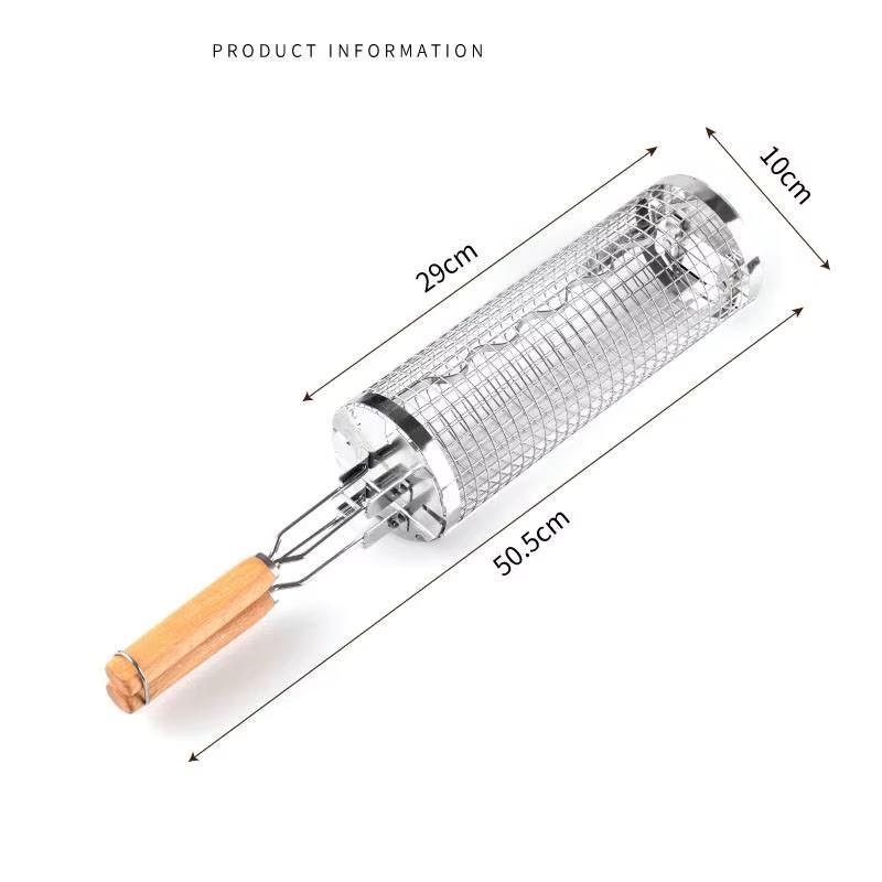 Rolling Grill Basket BBQ Mesh Tube Removable Wooden Handle Stainless Steel Round Mesh Cage Outdoor Camping Cooking Tools