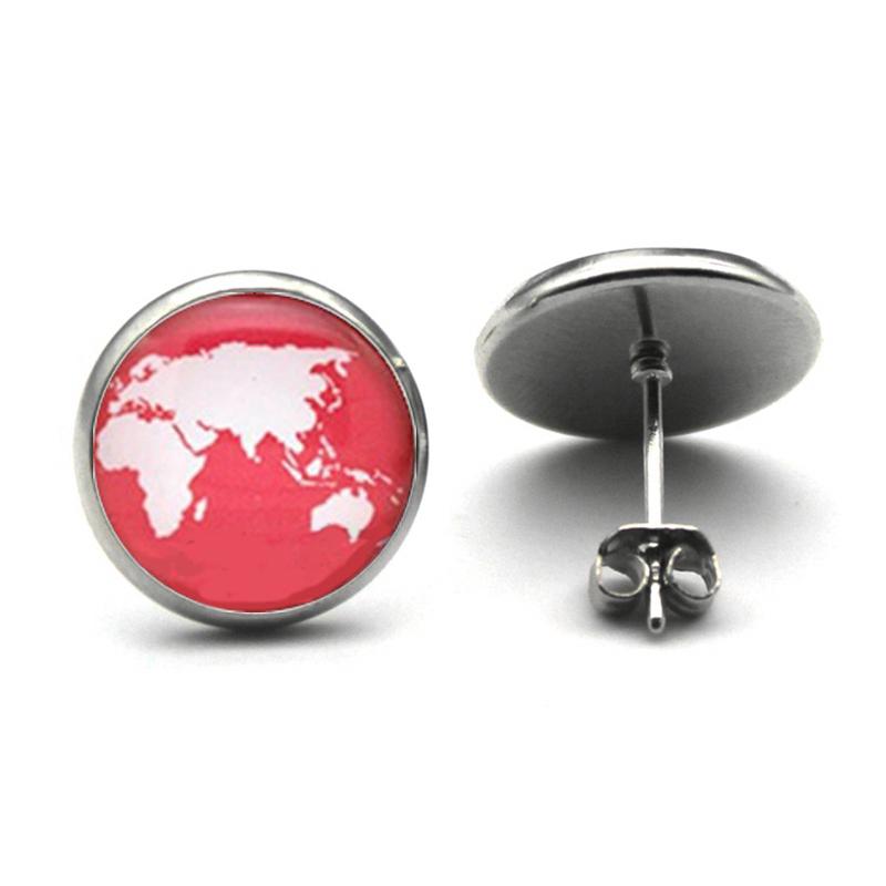Retro World Earth Studs Earrings World Map Glass Earrings Globe Jewelry World Earth World Travel Stud Earrings for Woman Men Bronze