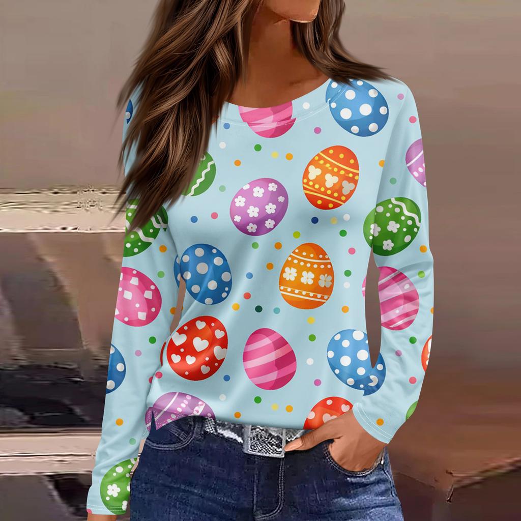 Women's Fashion Casual Slit Hem Round Neck Long Sleeve Loose Printed T-Shirt Ladies Top