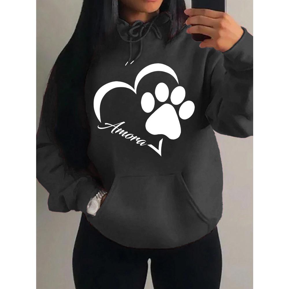 Love And Little Cat Foot Creative Print Women Hoody Fashion Autumn Sweatshirt Pocket Hoodie Sport Style Comfortable