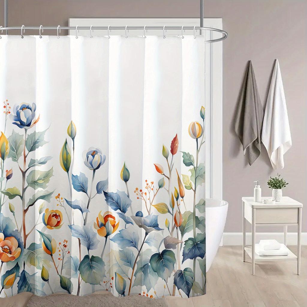 1pc Watercolor Floral and Leaf Striped Autumn Print Shower Curtain   Polyester Fabric   Machine Washable   Suitable for Bathroom