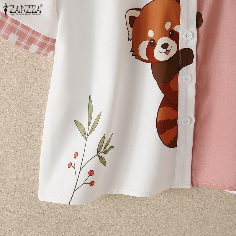 ZANZEA Women Casual Turn Down Collar Loose Short Sleeve Print Blouse