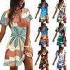 Women Casual Summer Dress Short Sleeve V Neck A Line Mini Dress with Tropical Print Lightweight Beachwear for Daily Wear
