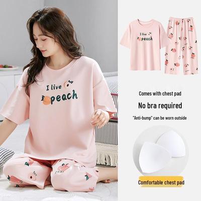 Damen Stretch Sommer-Pyjamaset: Pullover Top mit kurzen Ärmeln, integriertem BH und Dreiviertelhosen