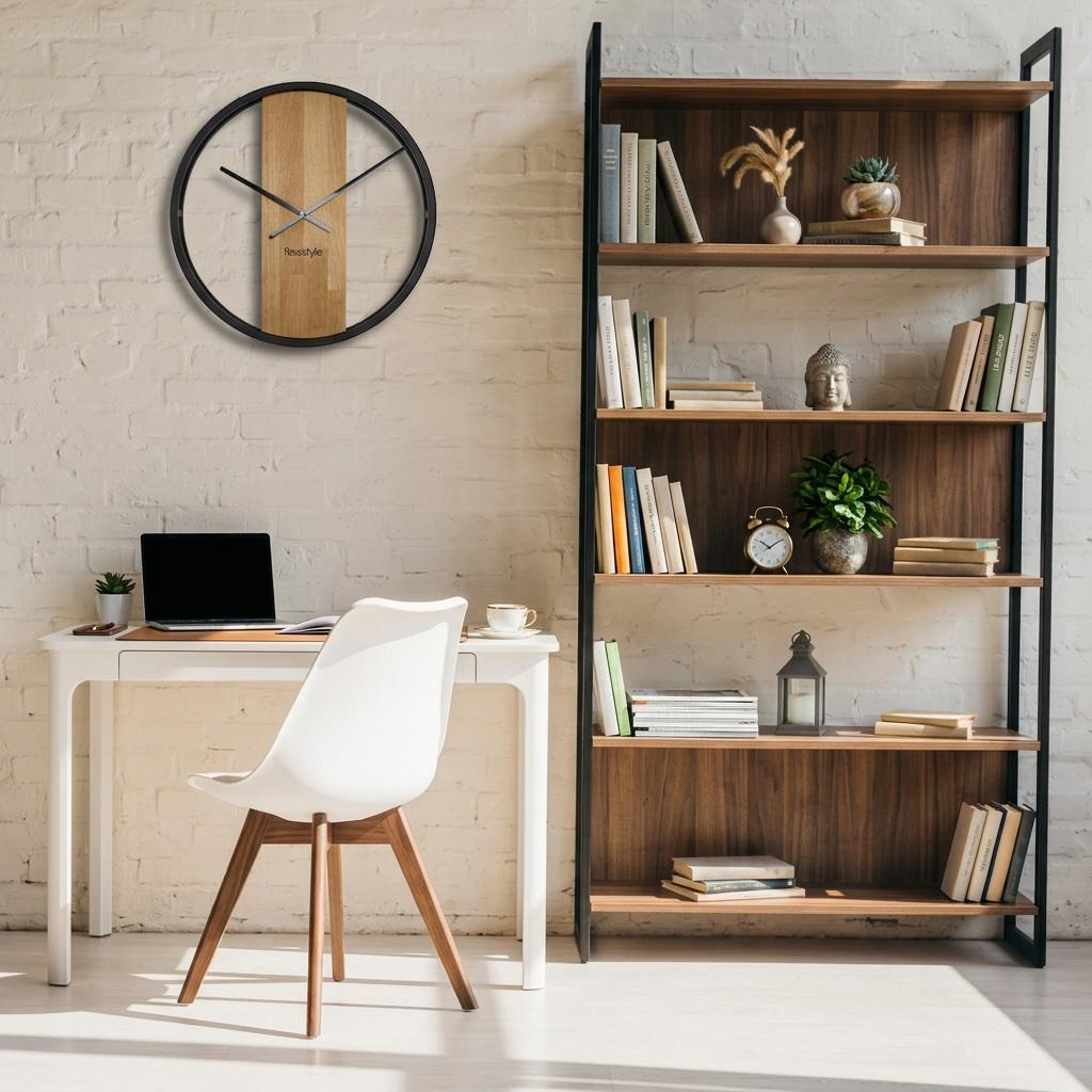 Round oak loft clock oval metal 50cm
