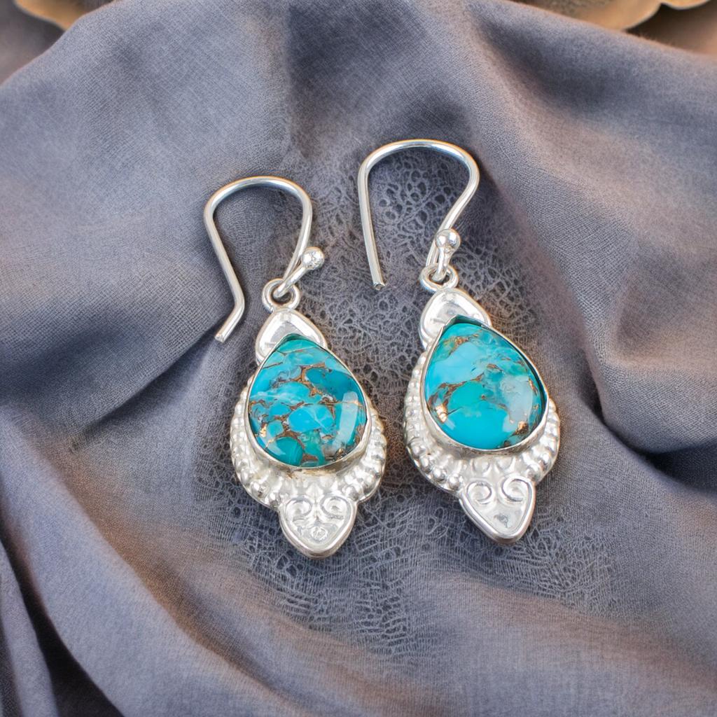 Blue Copper Turquoise Gemstone 925 Solid Silver Jewelry Handmade Earrings 1.80" EE-42-33