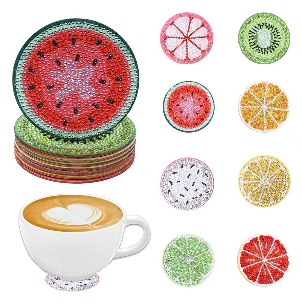 8-piece Fruit Pattern DIY Diamond Art Painting Coaster Without Cup Holder Wooden Coaster Living Room Office Bar Restaurant