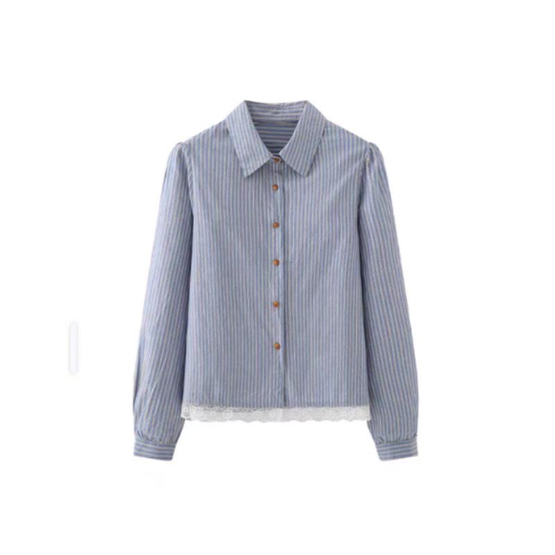Bluză cu dungi și bordură din dantelă pentru femei, Primăvara 2025 - Stil coreean, Croială lejeră, High-End, Petite